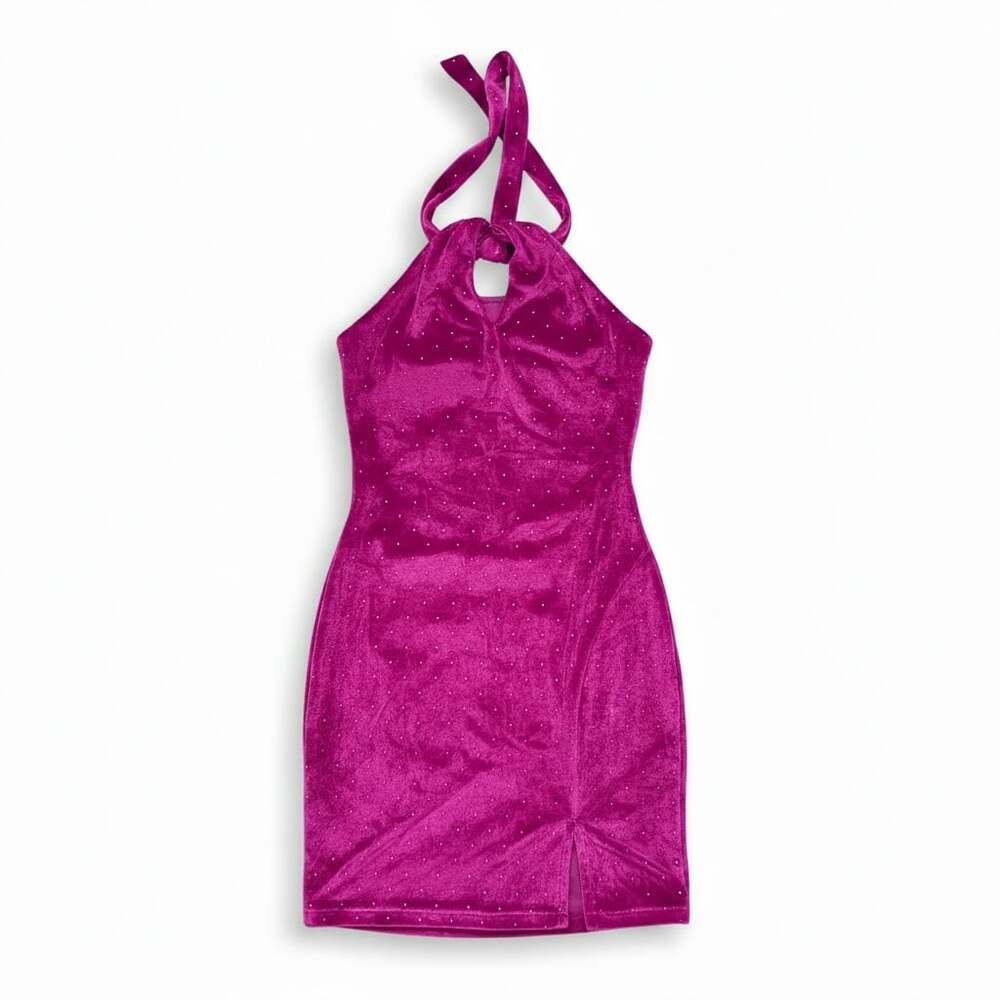 Jolt Women's Size S Pink Velvet Studded Halter Mini Dress